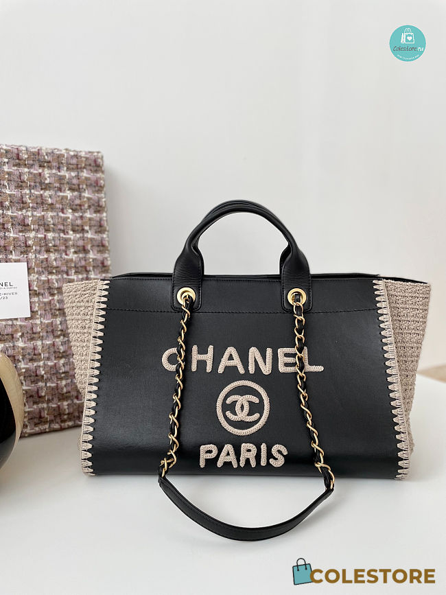 Chanel Black Leather & Beige Crochet Large Deauville Tote 38x23x24.5 cm - 1