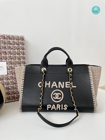 Chanel Black Leather & Beige Crochet Large Deauville Tote 38x23x24.5 cm