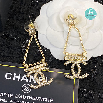 Chanel 22S Star Crystal Chain Bar CC Stud Dangle Drop Statement Earrings 