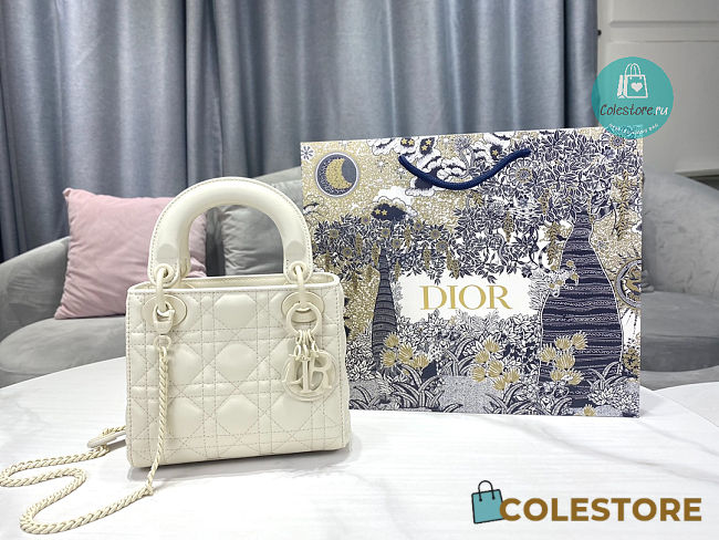 Small Lady Dior Latte Uramatte Cannage Calfskin In Full White 17cm - 1