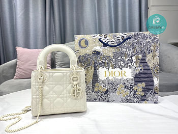Small Lady Dior Latte Uramatte Cannage Calfskin In Full White 17cm