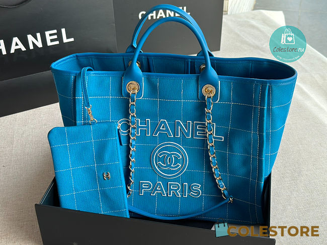 Chanel Shopping Bag Cotton Calfskin & Gold-Tone Metal Blue & White 38x32x18cm - 1