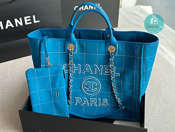 Chanel Shopping Bag Cotton Calfskin & Gold-Tone Metal Blue & White 38x32x18cm
