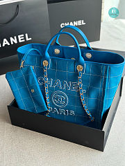 Chanel Shopping Bag Cotton Calfskin & Gold-Tone Metal Blue & White 38x32x18cm - 3