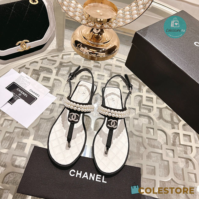 Chanel Artificial Pearl Grosgrain Sandal In Black  - 1