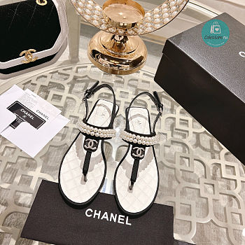 Chanel Artificial Pearl Grosgrain Sandal In Black 