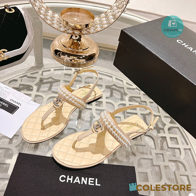 Chanel Artificial Pearl Grosgrain Sandal In Beige - 1