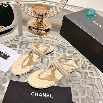 Chanel Artificial Pearl Grosgrain Sandal In Beige