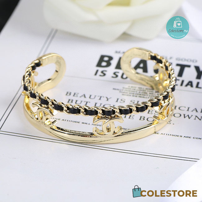 Chanel CC Logos Chain Bracelet Gold Plated Black Leather  - 1