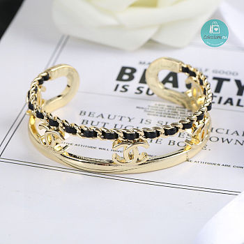 Chanel CC Logos Chain Bracelet Gold Plated Black Leather 