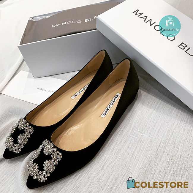 Manolo Blahnik Hangisi Flat Linen with Pearl Buckle Black  - 1