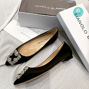 Manolo Blahnik Hangisi Flat Linen with Pearl Buckle Black  - 5