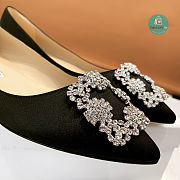 Manolo Blahnik Hangisi Flat Linen with Pearl Buckle Black  - 4