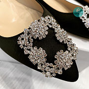 Manolo Blahnik Hangisi Flat Linen with Pearl Buckle Black  - 3