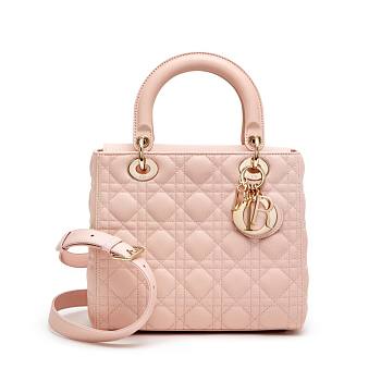 Christian Dior Light Pink Cannage Lambskin Medium Lady Dior Gold Hardware 20x24x12cm