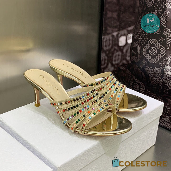 Dior Gem Heeled Slide Gold-Tone Cotton Embroidered with Metallic Thread and Multicolor Square Strass - 1