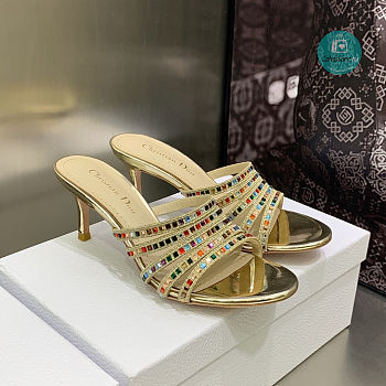 Dior Gem Heeled Slide Gold-Tone Cotton Embroidered with Metallic Thread and Multicolor Square Strass