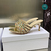 Dior Gem Heeled Slide Gold-Tone Cotton Embroidered with Metallic Thread and Multicolor Square Strass - 6