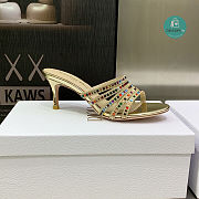 Dior Gem Heeled Slide Gold-Tone Cotton Embroidered with Metallic Thread and Multicolor Square Strass - 4