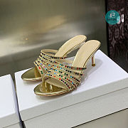 Dior Gem Heeled Slide Gold-Tone Cotton Embroidered with Metallic Thread and Multicolor Square Strass - 3