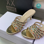 Dior Gem Heeled Slide Gold-Tone Cotton Embroidered with Metallic Thread and Multicolor Square Strass - 2