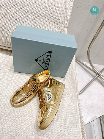 Prada Downtown Metallic Leather Sneakers Platinum