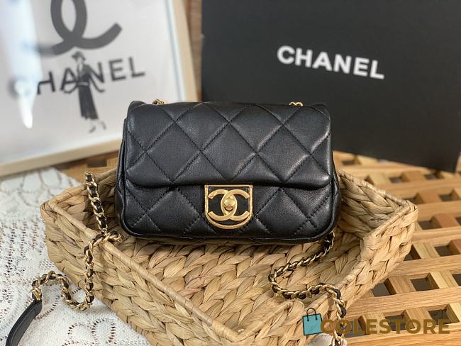 CHANEL Mini CC Matelasse Single Flap Chain Shoulder Bag Black Lambskin 3473 13x18x6cm - 1