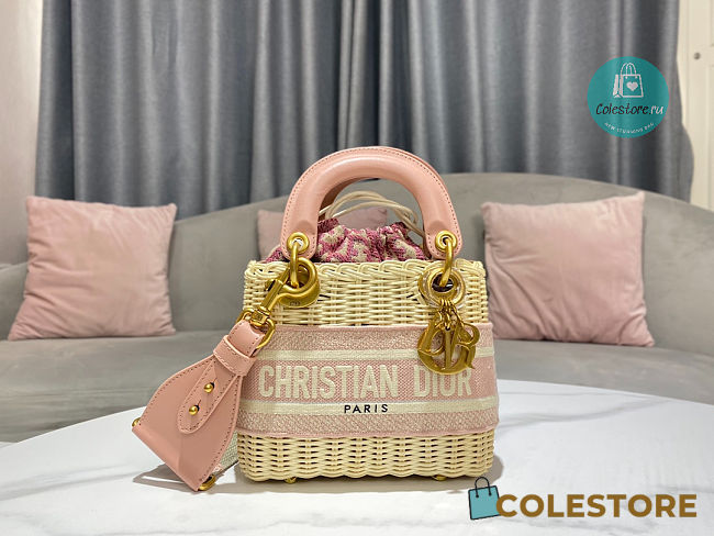 Dior Lady Medium Natural Wicker Pink Size 17x15x7cm - 1