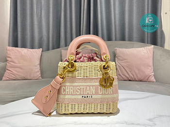 Dior Lady Medium Natural Wicker Pink Size 17x15x7cm