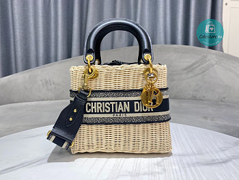 Dior Lady Medium Natural Wicker Black Size 17x15x7cm