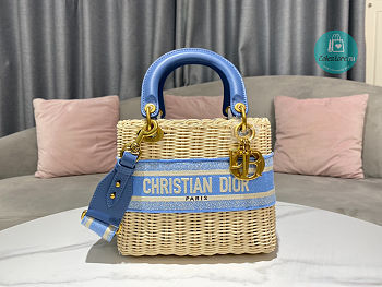 Dior Lady Medium Natural Wicker Blue Size 17x15x7cm