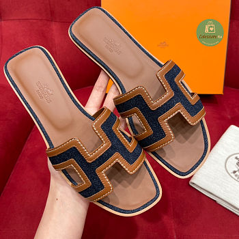 Hermes Oran Leather Sandal Bleu Brut Gold Size 35-42