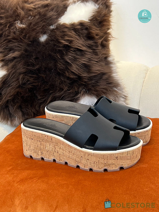 HERMES Calfskin Cork Eze 30 Sandal Black Size 35-41 - 1