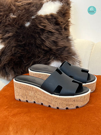 HERMES Calfskin Cork Eze 30 Sandal Black Size 35-41