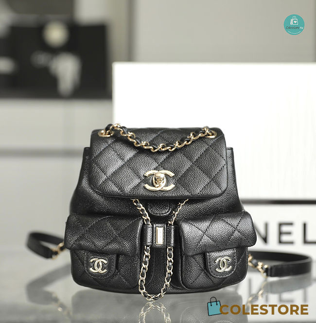 Chanel Backpack Grained Shiny Calfskin & Gold-Tone Metal Black 20cm - 1