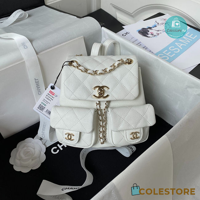 Chanel Backpack Grained Shiny Calfskin & Gold-Tone Metal White 20cm - 1
