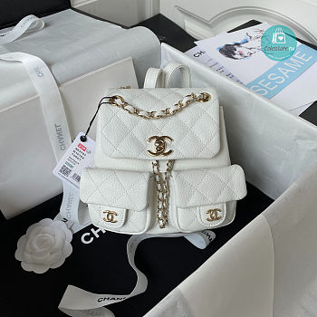 Chanel Backpack Grained Shiny Calfskin & Gold-Tone Metal White 20cm
