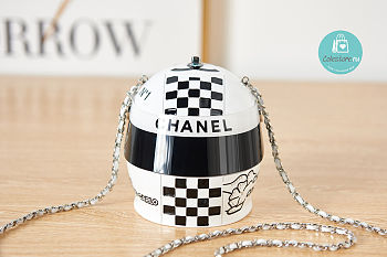 Chanel HELMET MINAUDIERE Resin, Diamanté & Silver-Tone Metal White & Black Size 10×9×11 cm