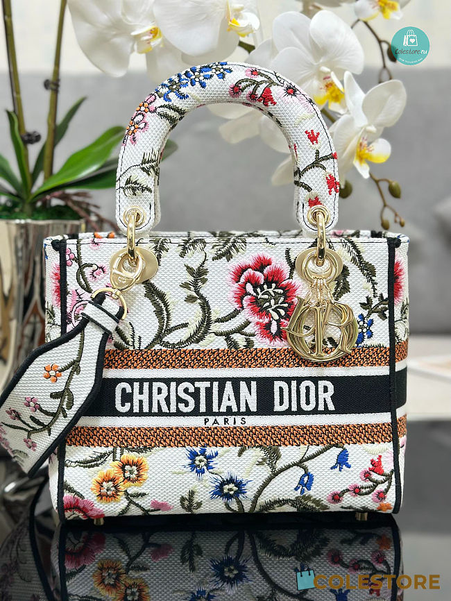 Dior Medium D-lite Bag White Multicolor Dior Petites Fleurs Embroidery Size 24x20x11cm - 1