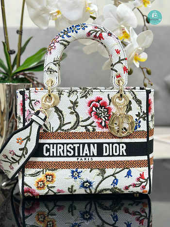 Dior Medium D-lite Bag White Multicolor Dior Petites Fleurs Embroidery Size 24x20x11cm