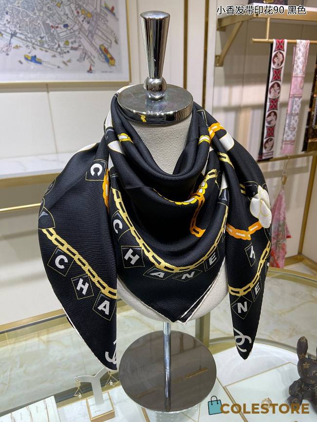 Chanel Scarf Silk Black  - 1