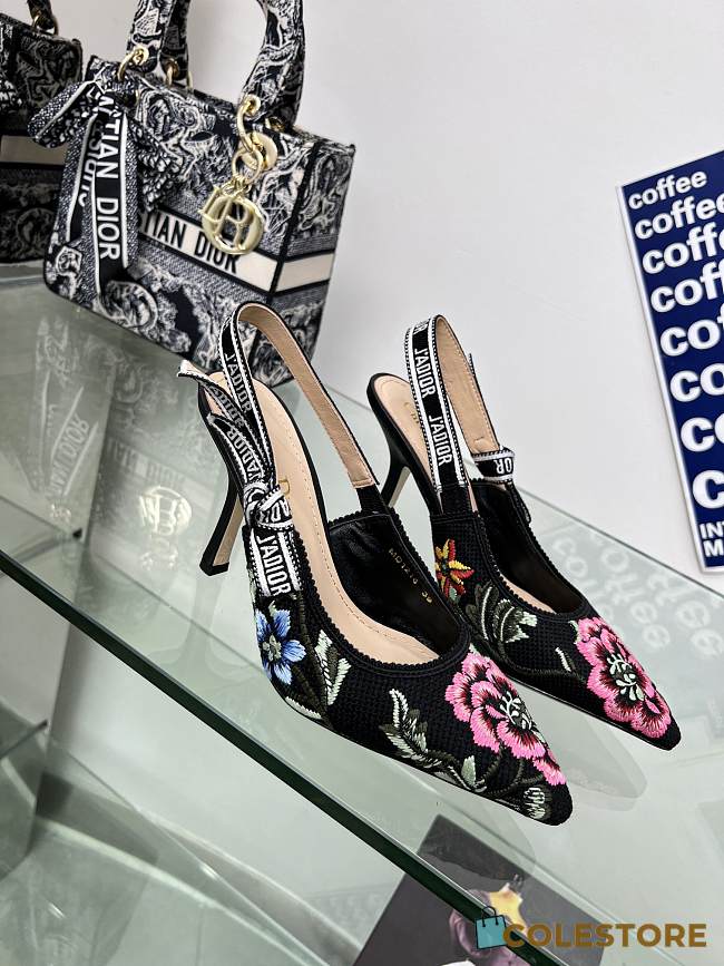 J'adior-Slingback Pumpzwart, Veelkleurig Katoen Geborduurd Met Dior Petites Fleurs-Motief 35-44cm - 1