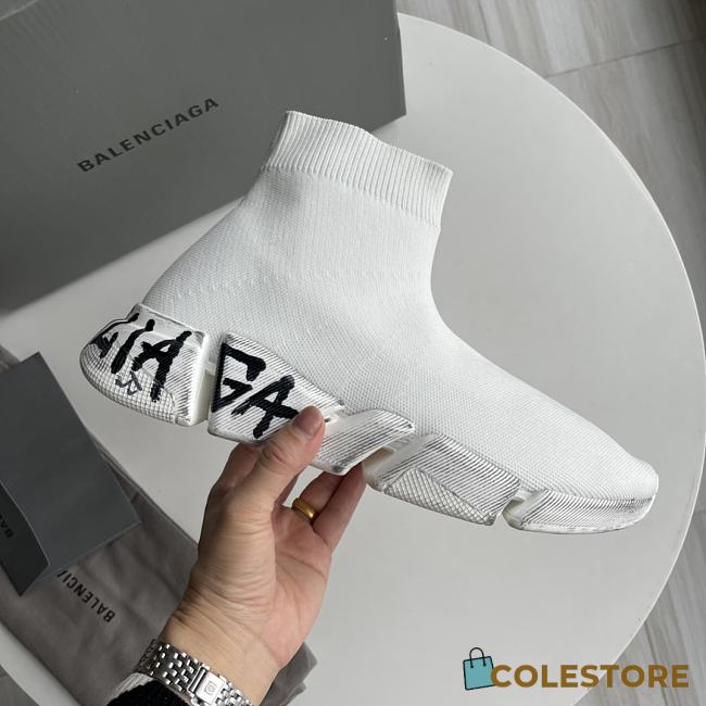 Balenciaga Speed 2.0 Graffiti Recycled Knit Sneaker In White - 1