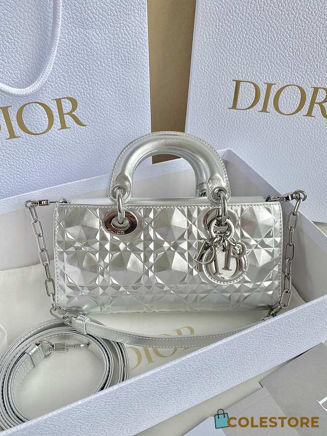 Dior D Joy Silver-Tone Metallic Cannage Calfskin with Diamond Motif Size 22.5×12×5.5cm - 1