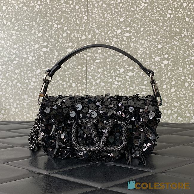 VALENTINO GARAVANI Loco Small 3D Sequins Shoulder Bag Black Size 19x10.5x5cm - 1