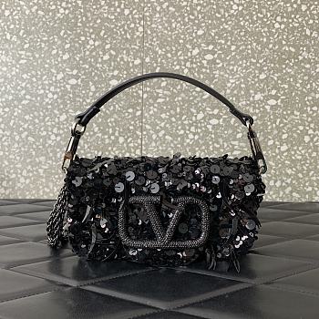 VALENTINO GARAVANI Loco Small 3D Sequins Shoulder Bag Black Size 19x10.5x5cm