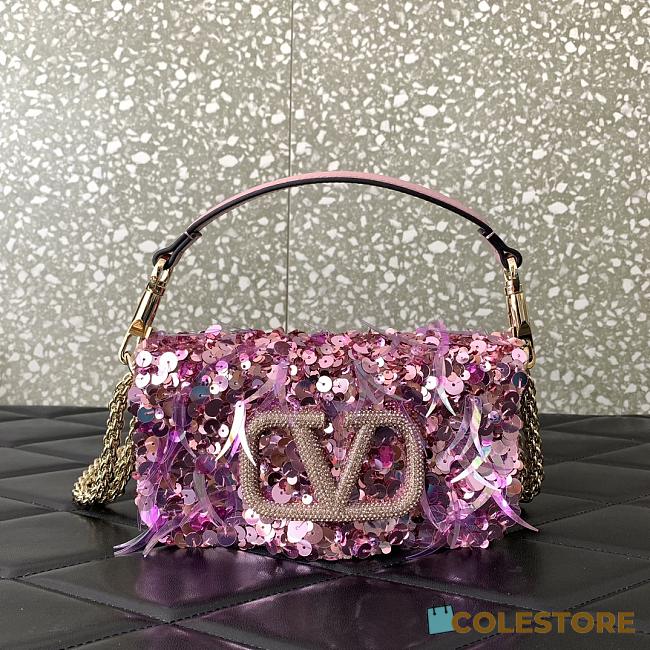 	 VALENTINO GARAVANI Loco Small 3D Sequins Shoulder Bag Pink Size 19x10.5x5cm - 1