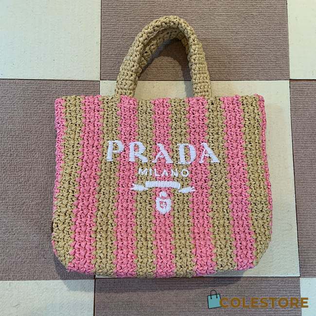 Prada Logo Small Raffia Tote Bag Straw Wicker Pink Beige Size 24x24x8cm - 1