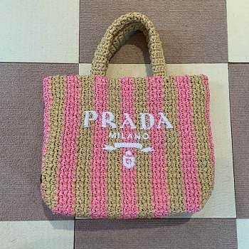Prada Logo Small Raffia Tote Bag Straw Wicker Pink Beige Size 24x24x8cm