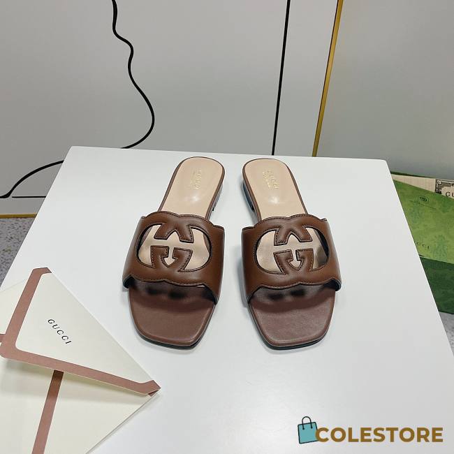 	 Gucci Women's Interlocking G Cutout Leather Sandals Brown Size 35-41cm - 1